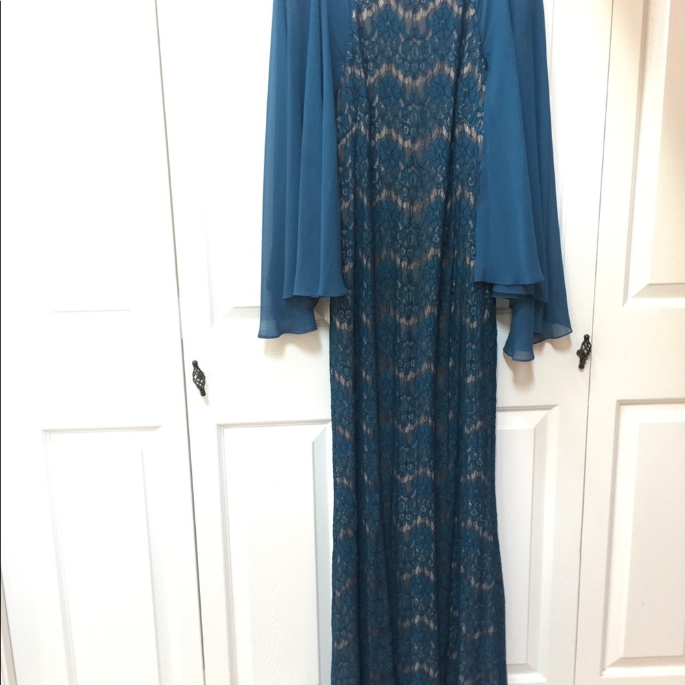 Betsy & Adam Teal Lace Gown Sheer Cape Sleeves